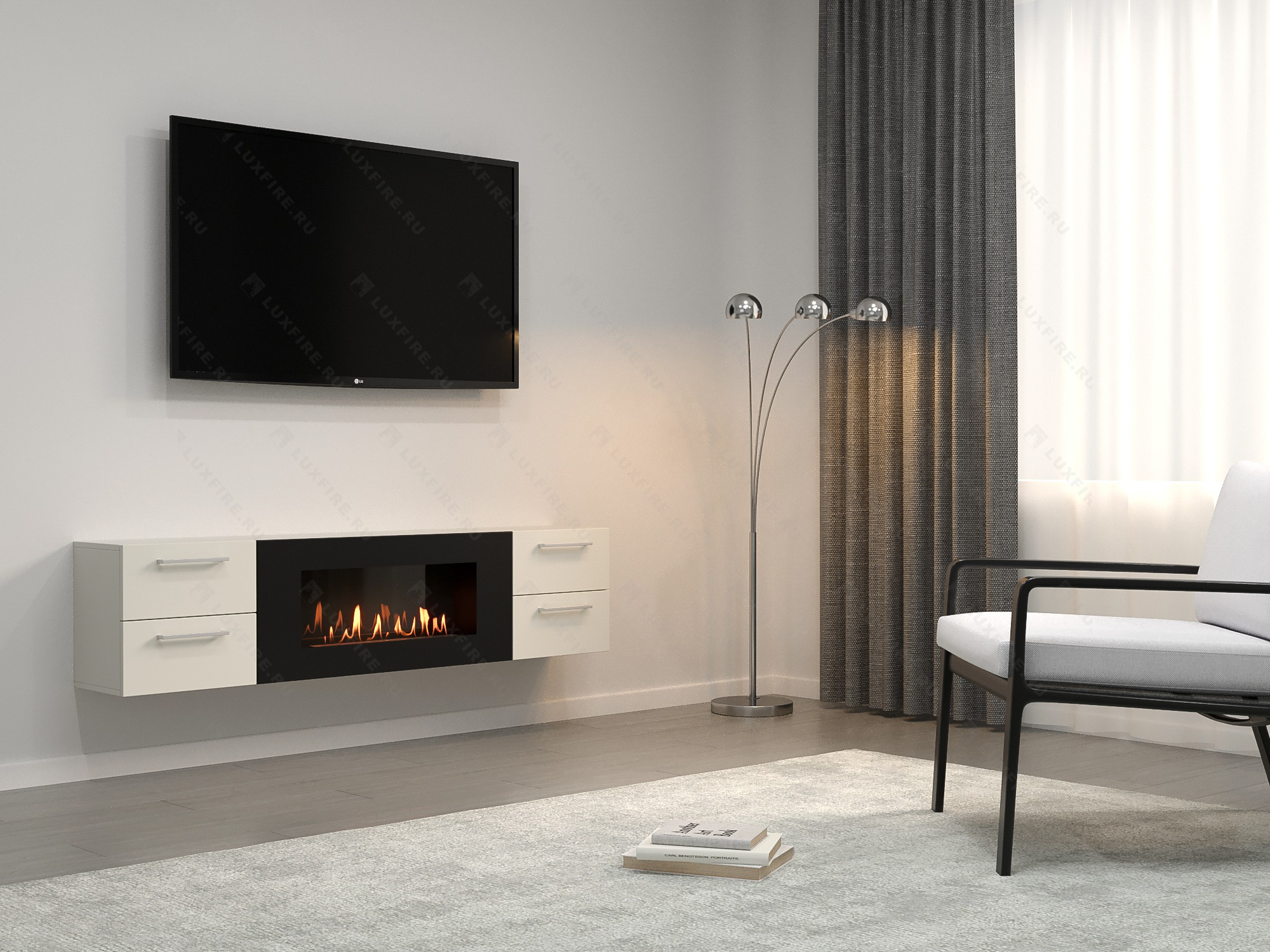 Тумба ТВ Lux Fire "Нева" настенная 1700 матовая, белая с биокамином 900 по цене 99 070 руб.